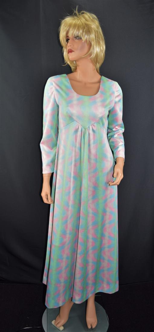 Vintage 70's Neon Psychedelic Op Art Maxi Dress: Vintage 70's Neon Psychedelic Op Art Maxi Dress. Small to Medium size, judging by measurements, but not marked. The material is polyester. Mod Psychedelic Hippie pastel maxi dress, made of polyester, 