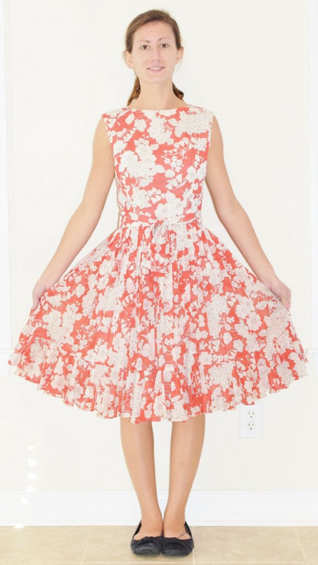 Vintage 50's 60's Red Flower Swing Dress by Caryle: This is a Vintage 50's 60's Red Flower Print Rockabilly Swing Dress & matching belt by Caryle in a Size 6 to 8 range. The vintage dress has a fitted bodice and a full skirt that measures 112" around o