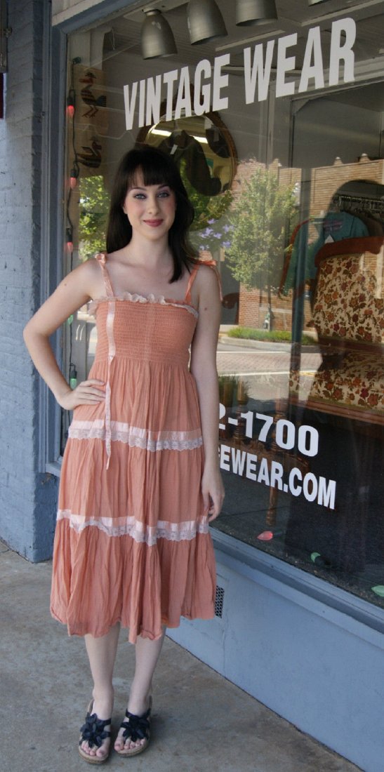 Hippie Boho Strapless Young Edwardian Dress by Arpeja: This great vintage hippie boho indie dress from the 1970's in the YOUNG EDWARDIAN line by ARPEJA. This orange strapless dress has rows of elastic smocking around the bust and the loose flowing waist a