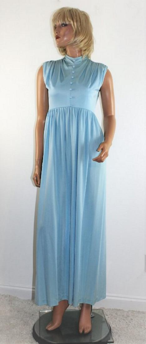 Vintage 70's Blue Maxi Prom Dress by Bianchi: Beautiful light blue maxi formal full length dress by Bianchi, in an XS size. The empire waist dress has back zipper. It a silky jersey knit fabric, not marked, possibly silk, acetate or nylon. 34" Bu