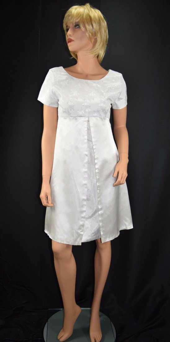 Mod Wedding White Jacquard A Line Dress w/ Satin Tails: Vintage 60's Mod Wedding White Jacquard A Line Dress w/ Satin Tails - Size S/M. Details: mid 60's mod white jacquard dress with white satin cover over the skirt that is slit at the front and slit at t