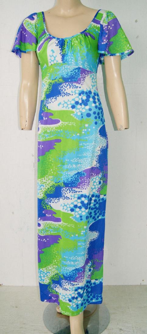 60's 70's Mod Nylon Swim Hostess Maxi Dress by Sirena: This is a great NOS (new old stock) vintage 1960's to 70's mod floral nylon hostess maxi dress in bright neon colors, designed by Sirena, who specialized in swimsuits and swim type clothing. The beaut