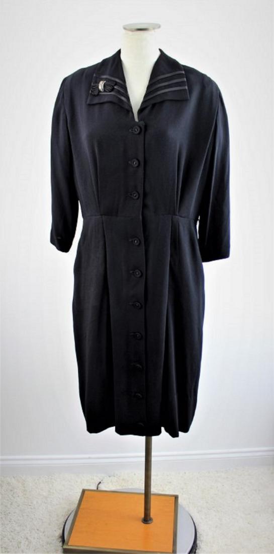 Vintage 50's Black Dress by Mize Mode Size L/XL: Vintage 40's 50's Black Crepe Rayon Button Front Dress by Mize Mode. Size L/XL. Details: Mize Mode brand 50's vintage black rayon crepe button front dress with 3/4 length sleeves, Art Deco stripe trim