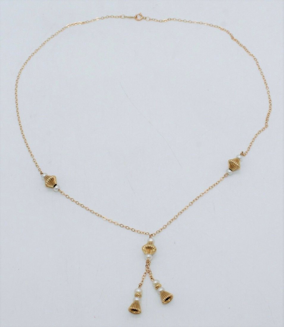 14K Yellow Gold Tassel Lariat Necklace w/ Pearls (1 of 4)
