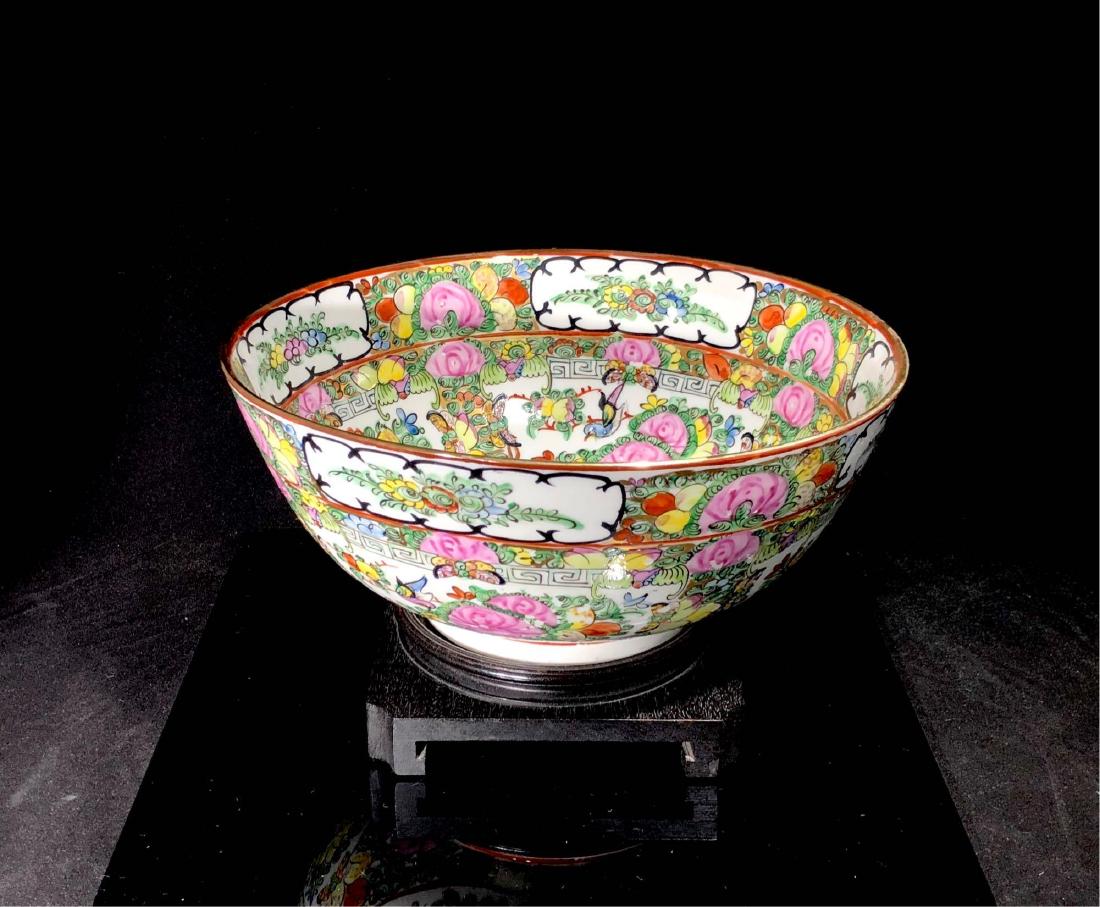 Antique Hand Painted Japanese Porcelain Bowl: VINTAGE ROSE MEDALLION BOWL JAPANESE PORCELAIN WARE ACF HAND DECORATED IN HONG KONG. Size Approx. 10" Diameter, 4 3/4 " Tall. No visual chips, cracks or breaks seen. Stand included.