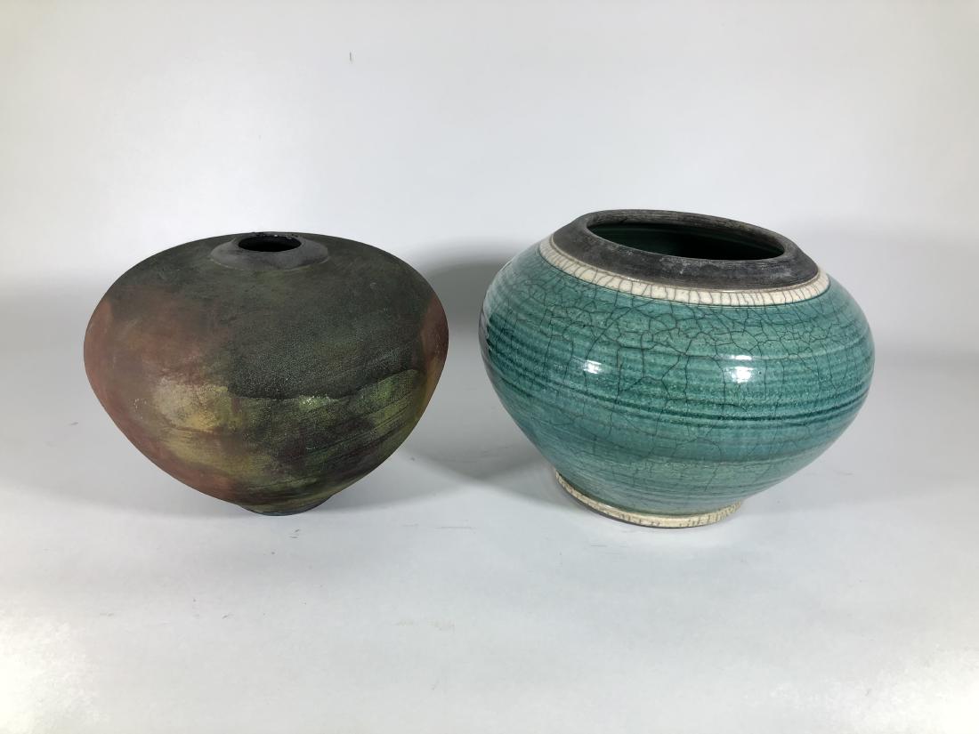 2 Round Glazed Ceramic Vases with artist signatures (1 of 6)