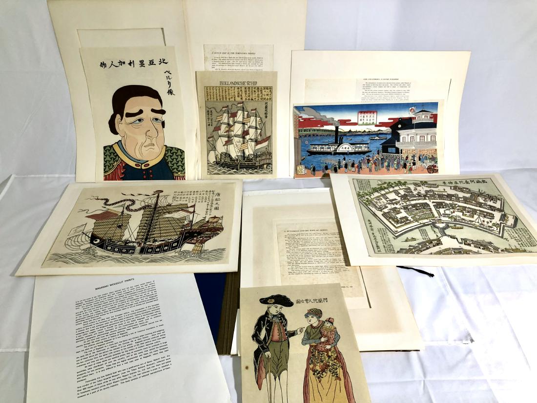 Yokohama Japanese Wood Block Prints - Nagasaki Woodcut: Lot of Yokohama Japanese Wood Block Prints. Nagasaki Woodcut Prints - in original carrying case. Case measures 21" tall x 15" wide. Prints vary in size as shown. Good condition.