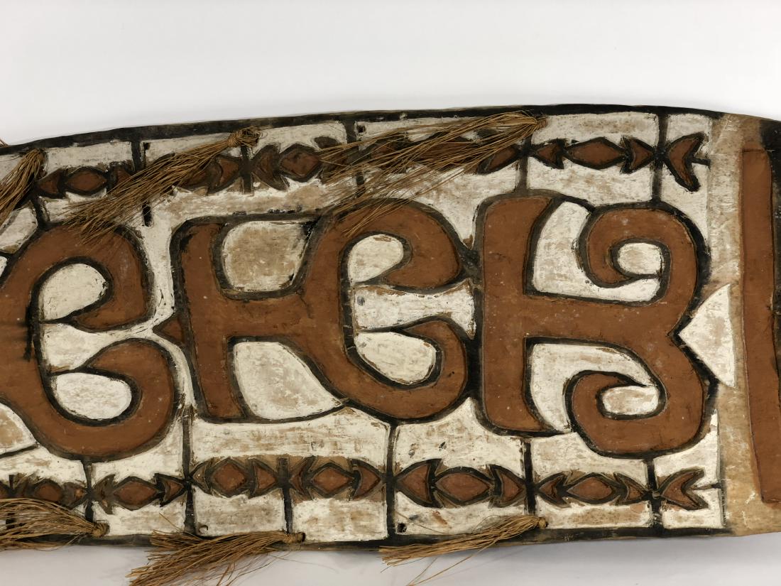 Tall Antique Tribal Wood Shield Papua New Guinea: Tall 5'7" Painted wood tribal shield -- Tribal shield, attributed to Papua New Guinea. Some mildew shown, and some base water damage. Measures approx. 5"7" tall x 19" wide x 5" deep. (Book not include