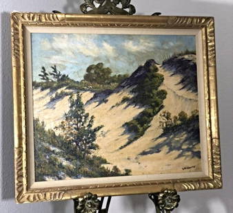 Christopher William Clarke Painting on Canvas - Sand: Christopher William Clarke Painting on Canvas - Sand Dunes - Measures approx.24 1/2" tall x 28 5/8" wide x 2 1/2" deep. Small chip in frame. Stand is for display only, not included.