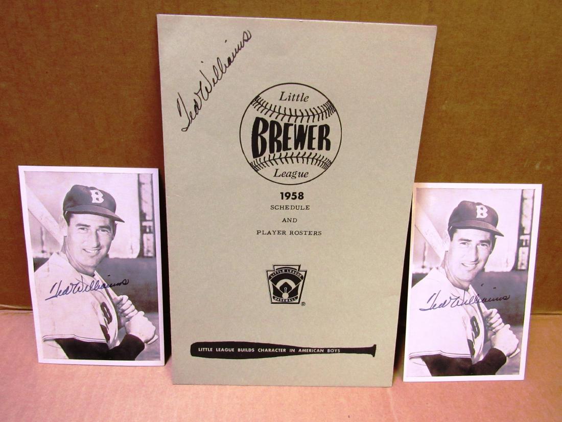 Lot of (3) autograph Ted Williams items: 2 postcard size photos signed in blue felt tip pen, one 1958 Brewer, Maine Little League program signed in black tip pen. Signatures are unverified.