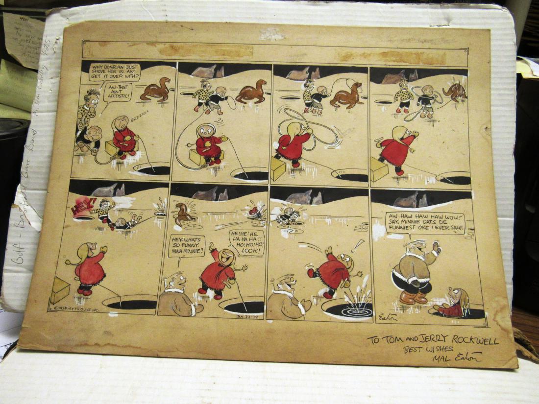 1938 Original Mal Eaton comic strip art: The 8 panel story line is hand drawn and painted in color, on thick board.Mal Eaton was a well known comic strip artist in the 1930's-40's. "PETER PILTDOWN " was the strip name and main character. Thi