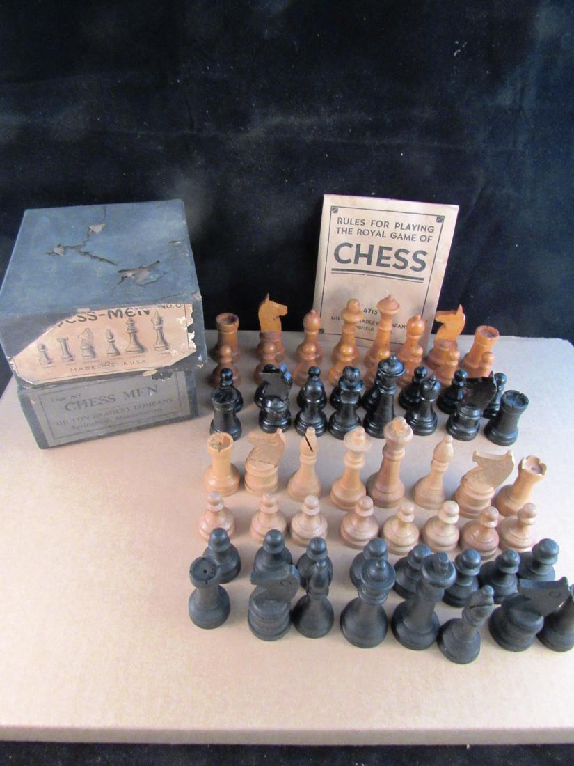 (2) sets vintage chessmen in boxes: (2) sets vintage chessmen mint in boxes Milton Bradley, HR Co. Kings are approximately 2.25" T. Milton Bradley set comes with instruction booklet