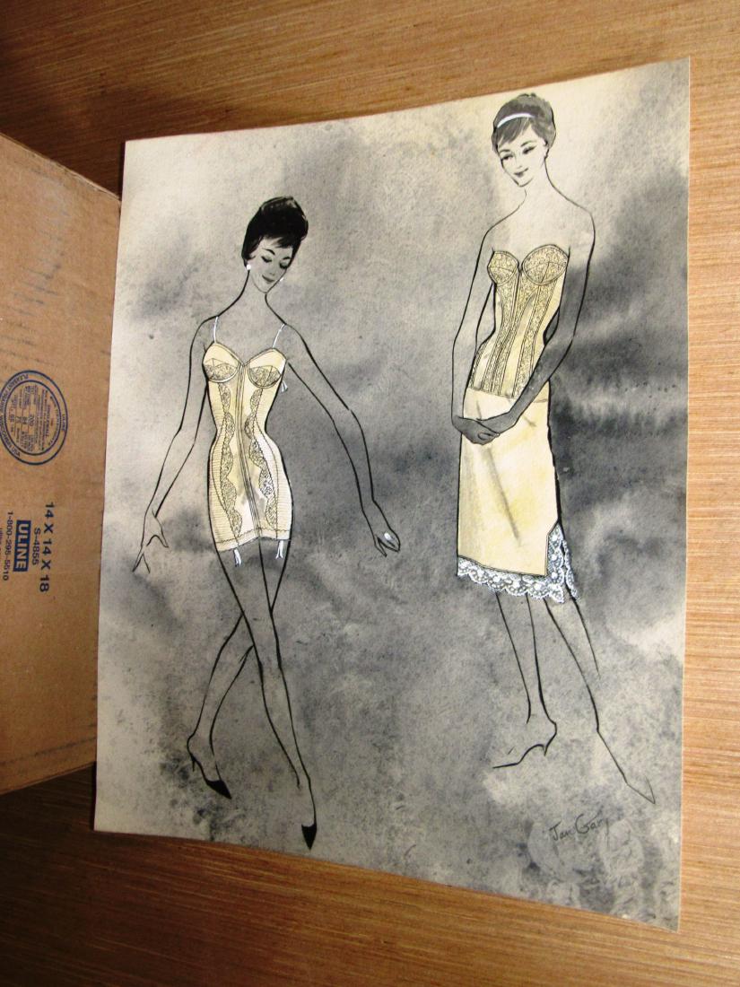 Jan Gary lingerie fashion signed: Hand painted on thick stock paper, vintage, illustrative ladies' lingerie fashion art