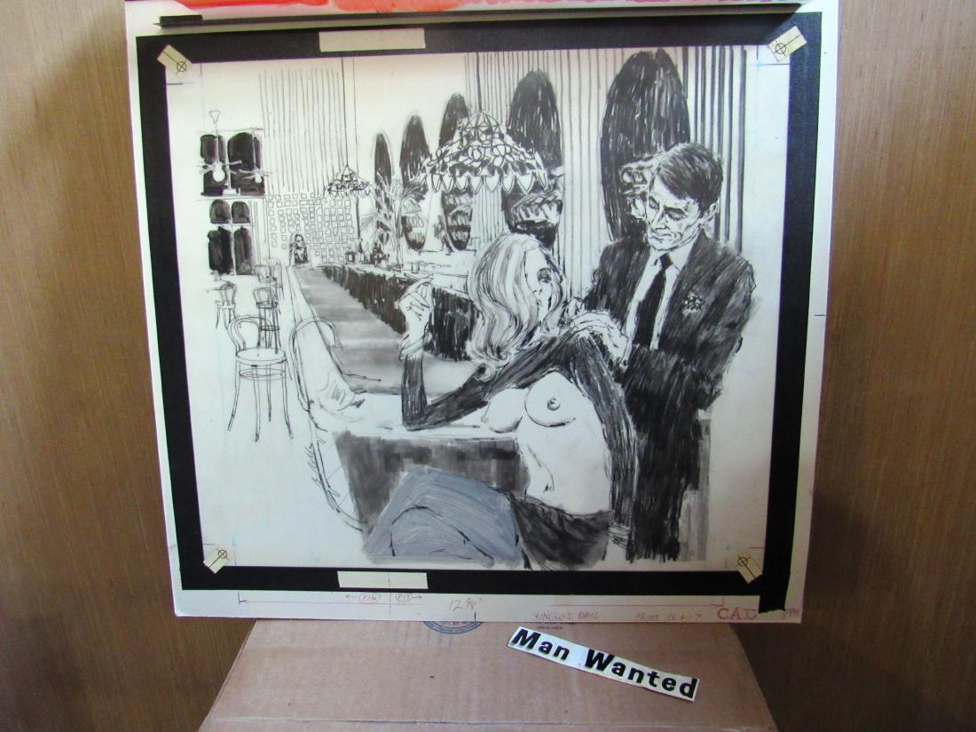 Vintg mag. illus. for "Singles Bar" article: Hand done in felt tip marker on plastic sheet with editing notations, mounted on mechanical production board with a plastic cover overlay with the red parts on it. It is artist signed