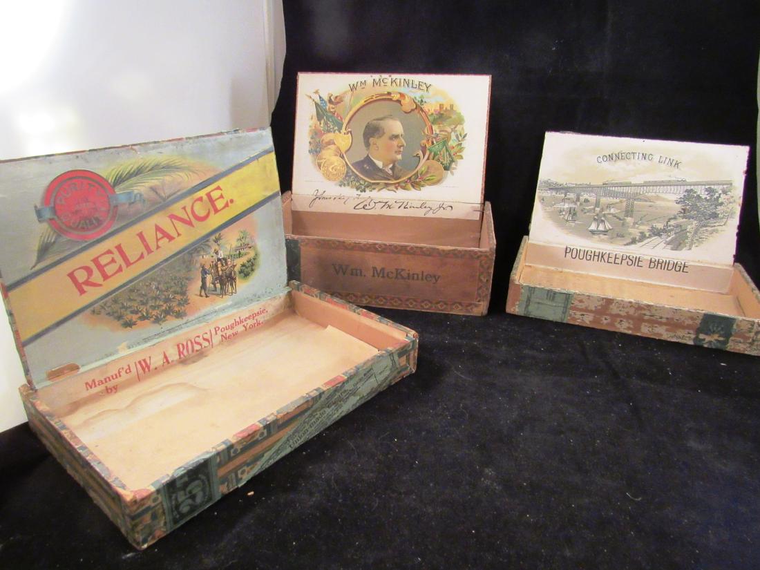 (4) antique cigar boxes, 3- Poughkeepsie,NY: Wm. McKinley has a great inner lid label of the former President. Reliance was manufactured by W.A.Rossi, Poughkeepsie, NY.The Connecting Link has a great inner lid label of the Poughkepsie NY RR Brid