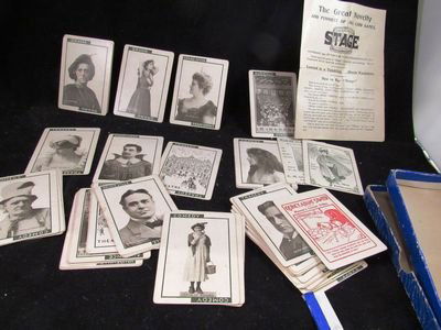 "Stage" 1904 boxed movie star card game: Game was published by the C.M.Clark Publishing Co., Boston, Mass. The playing cards have portraits of popular American stage actors and actresses including Sarah Bernhardt, Lillian Russell and Edwin B