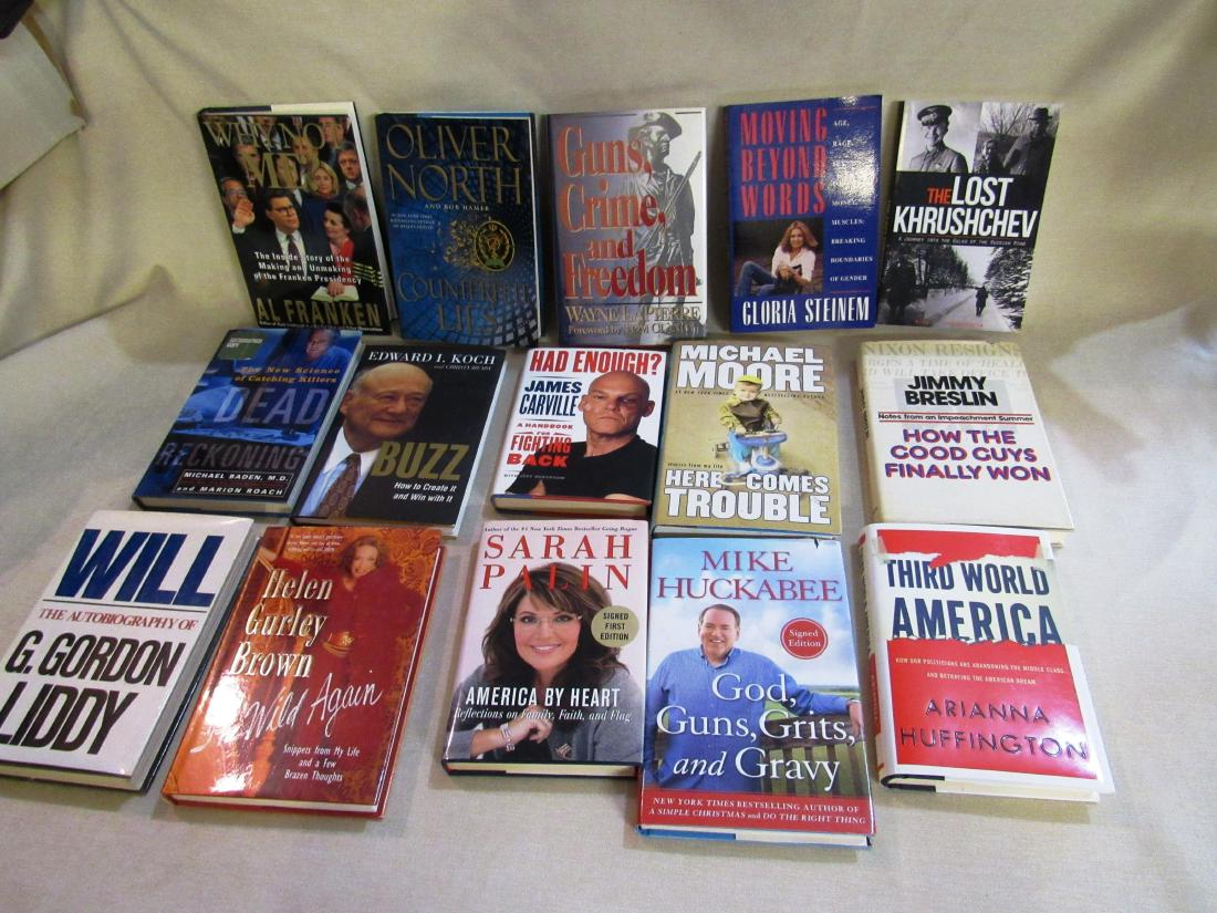 Lot of 15 author autograph books: Arianna Huffington, Helen Gurly Brown, Nina Kruscheva (daughter of Nakita Kruschev), James Carville, Michael Moore, Gloria Steinem, Al Franken Sarah Palin, Mike Huckabee, G.Gordon Liddy, Ed Koch, Oliv