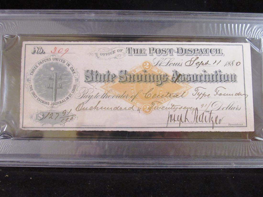 1880 Joseph Pulitzer autograph check PSA 8: Encased in plastic, PSA certified, Famous newspaper editor, Joseph Pulitzer of Pulitzer Prize fame.