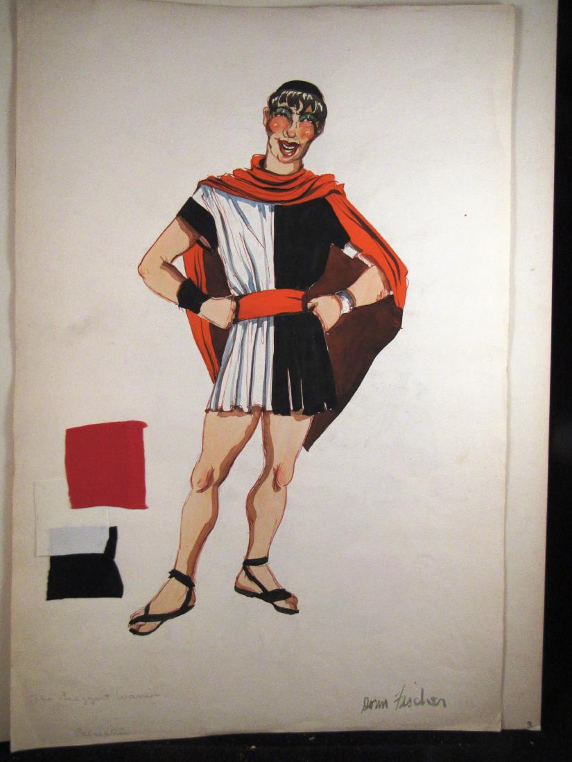 Donn Fischer "Braggart Warrior" costume design: Donn Fischer was well known for his set and costume designs in theater and for TV at NBC.This original, mid century watercolor on paper has a sample of the fabrics used in the making of the costume an