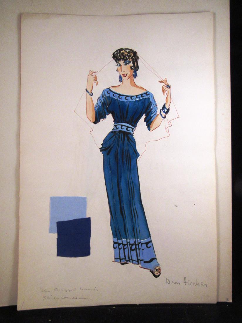 Donn Fischer "Braggart Warrior" costume design: Donn Fischer was well known for his set and costume designs in theater and for TV at NBC.This original, mid century watercolor on paper has a sample of the fabrics used in the making of the costume an