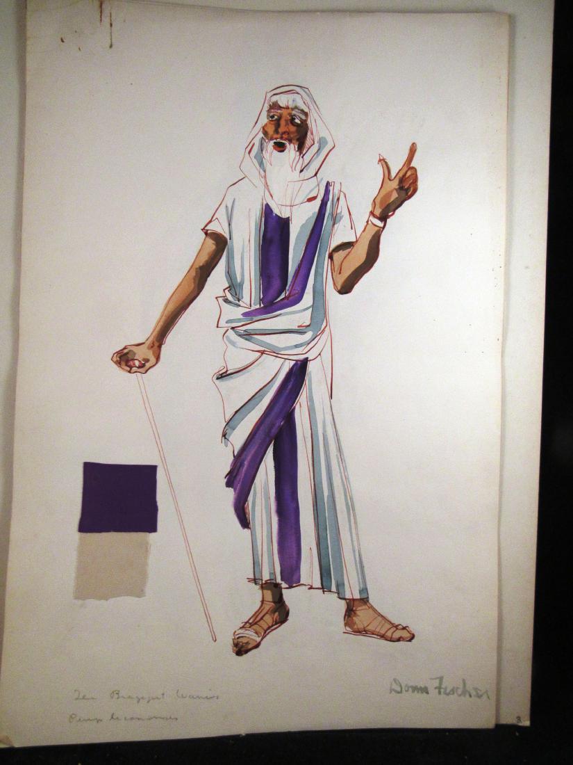 Donn Fischer "Braggart Warrior" costume design: Donn Fischer was well known for his set and costume designs in theater and for TV at NBC.This original, mid century watercolor on paper has a sample of the fabrics used in the making of the costume an