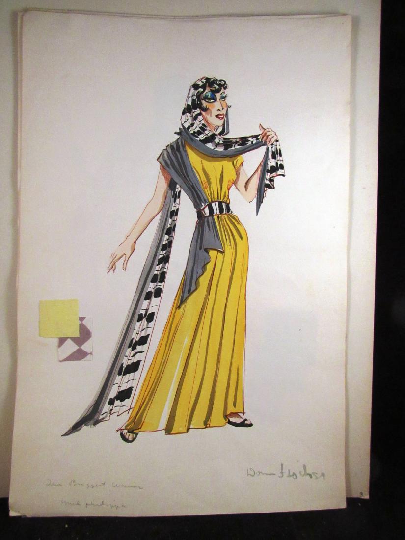 Donn Fischer "Braggart Warrior" costume design: Donn Fischer was well known for his set and costume designs in theater and for TV at NBC.This original, mid century watercolor on paper has a sample of the fabrics used in the making of the costume an