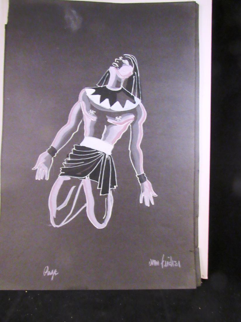 Donn Fischer (9) theater costume designs: Donn Fischer was well known for his set and costume designs in theater and for TV at NBC.This is a set of nine different original, mid century watercolor on paper, each is signed lower right.There is 