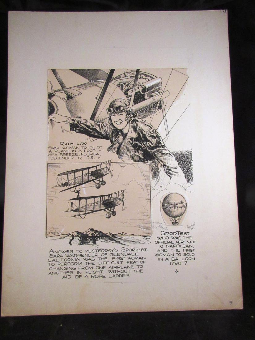 J. Griffin-American,aviation illustration art: Pen and ink on board,with a mechanical addition, hand done illustrations with the focus on Ruth Law, pilot.The piece is signed andt the back is stamped "J.J.Griffen, 850 Franklin Turnpike, Allendale, 