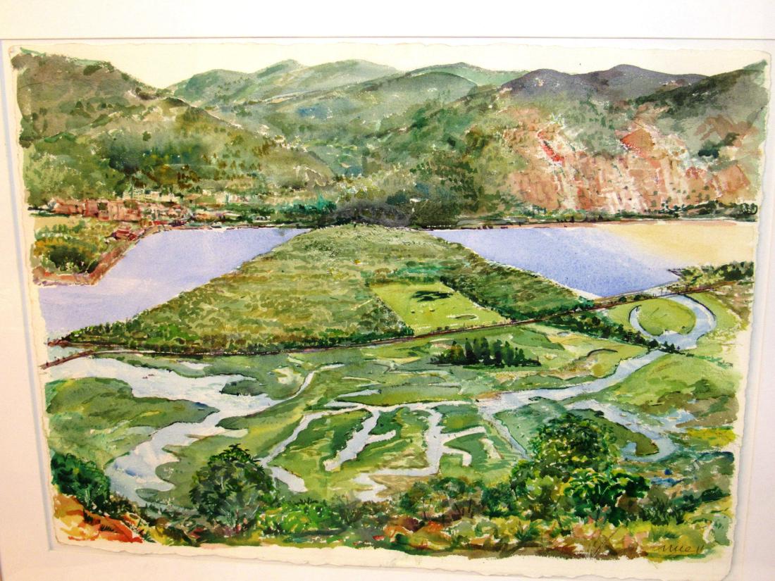 Don Nice-American,(b 1932) watercolor on paper: Large watercolor on paper "Constitution Marsh" in Hudson Highlands, Garrison, NY. Don is a New York City artist who lived in Westchester County ,New York. Overall size is 30"x 38" original maple wood