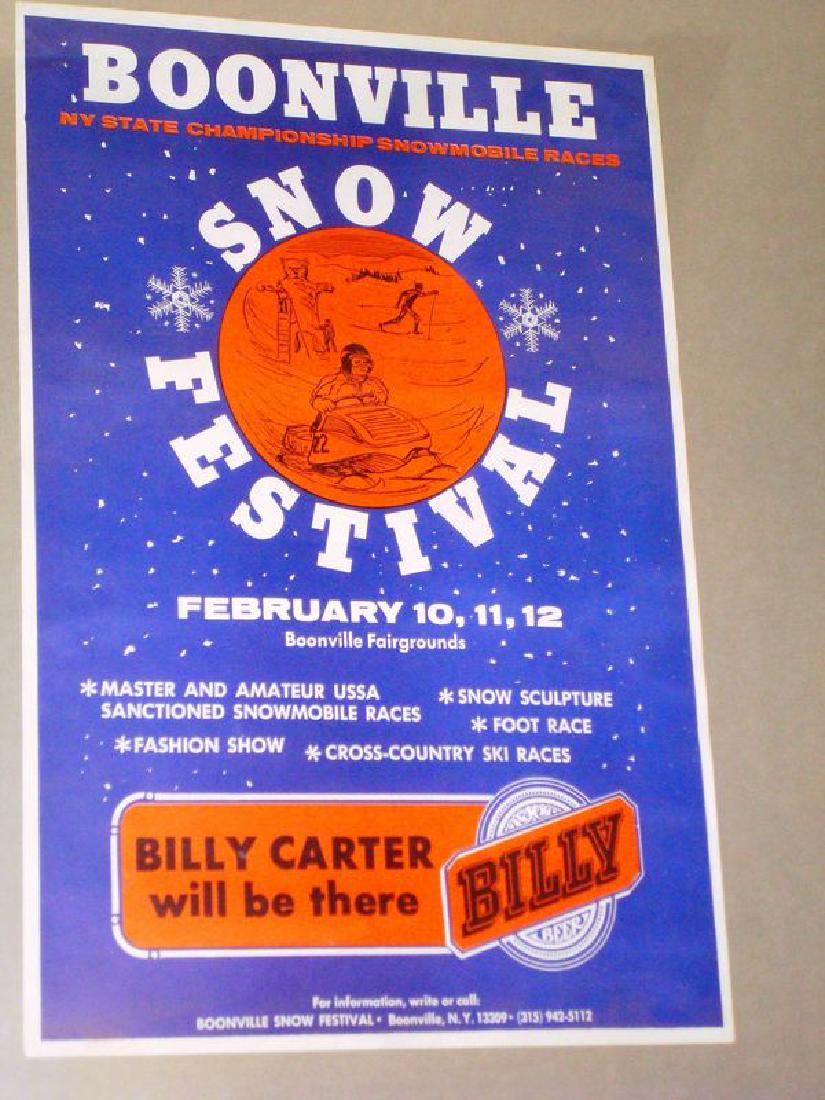 Scarce poster from Boonville, NY Snow Festival: Boonville Snow Festival features snowmobile races, snow sculpture, foot race, cross country ski race, a fashion show and of course, Billy Carter .This poster is ca. 1970's