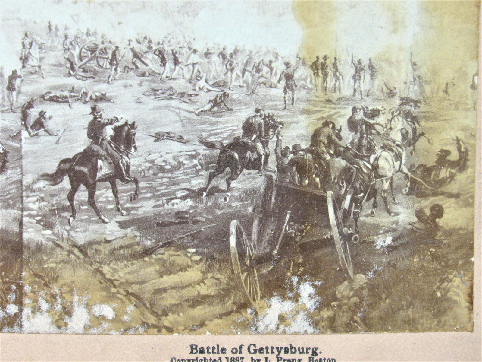 Stereoview Gettysburg battle CIVIL WAR: Battle of Gettysburg, copyrighted 1887 by L. Prang, Boston, Mass. Published by William Rau, Philadelphia, Pa. stained.