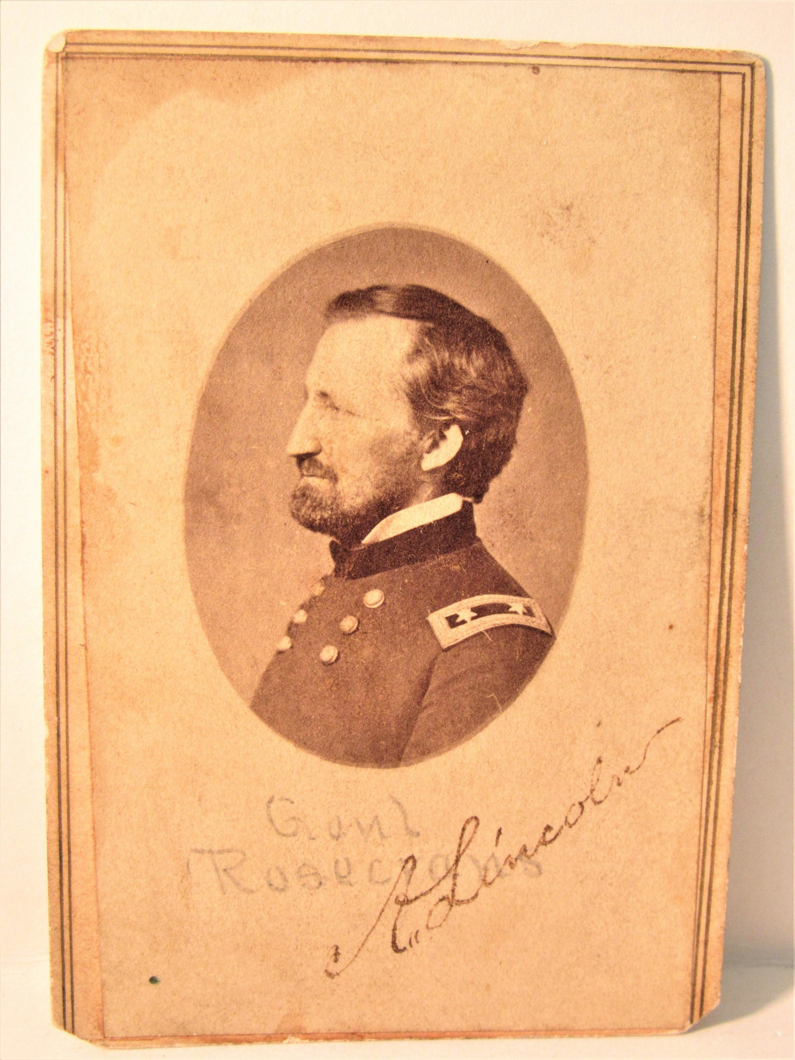 Early General Rosecrans CDV signed A. Lincoln: William Rosecrans (1819-1898) was a Union Major General in the Civil War. The CDV was taken by an Army photographer and is hand signed on the front, "A. Lincoln" at the lower right corner. Accompanyin