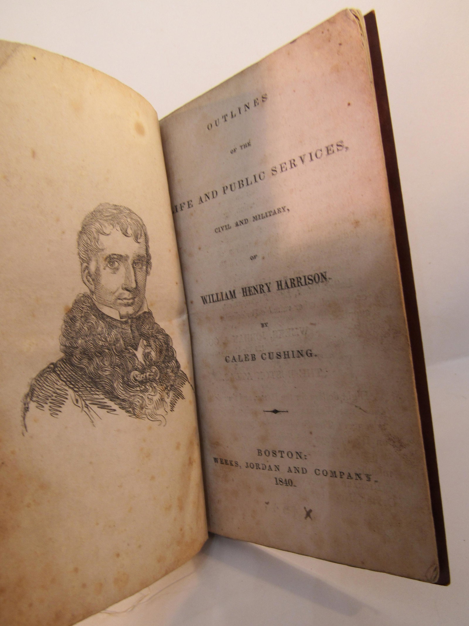 1840 Life of William Henry Harrison booklet: "Outlines of the Life and Public Services of William Henry Harrison" by Caleb Cushing. Published 1840 by Weeks, Jordan and Co., Boston, Massachusettes. 6" tall, 71 pages, original and complete. it app