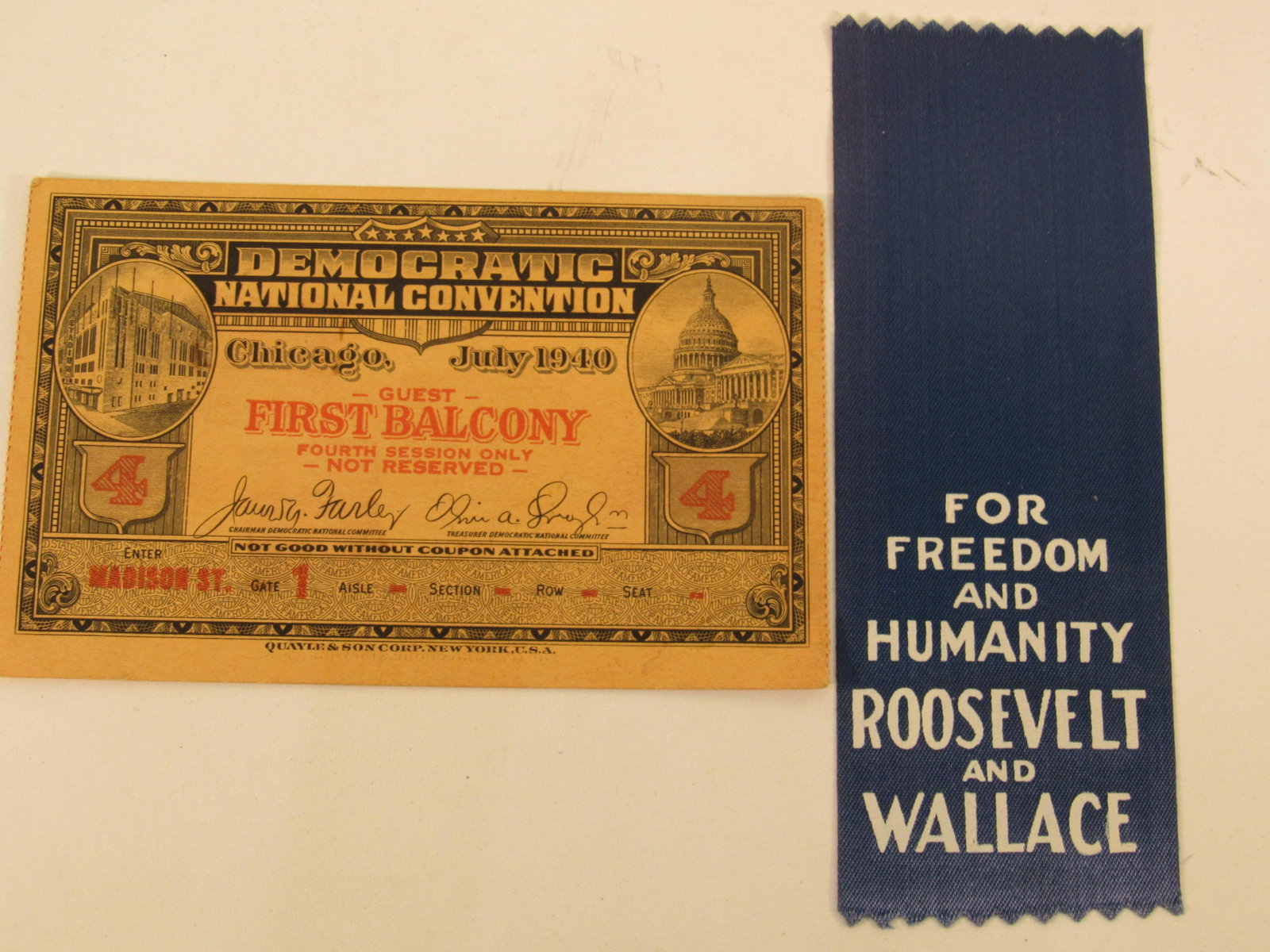 FDR-Wallace jugate Campaign ribbon etc.: Roosevelt-Wallace 5" campaign silk ribbon jugate, mint condition plus ticket stub from Democratic National Convention 1940