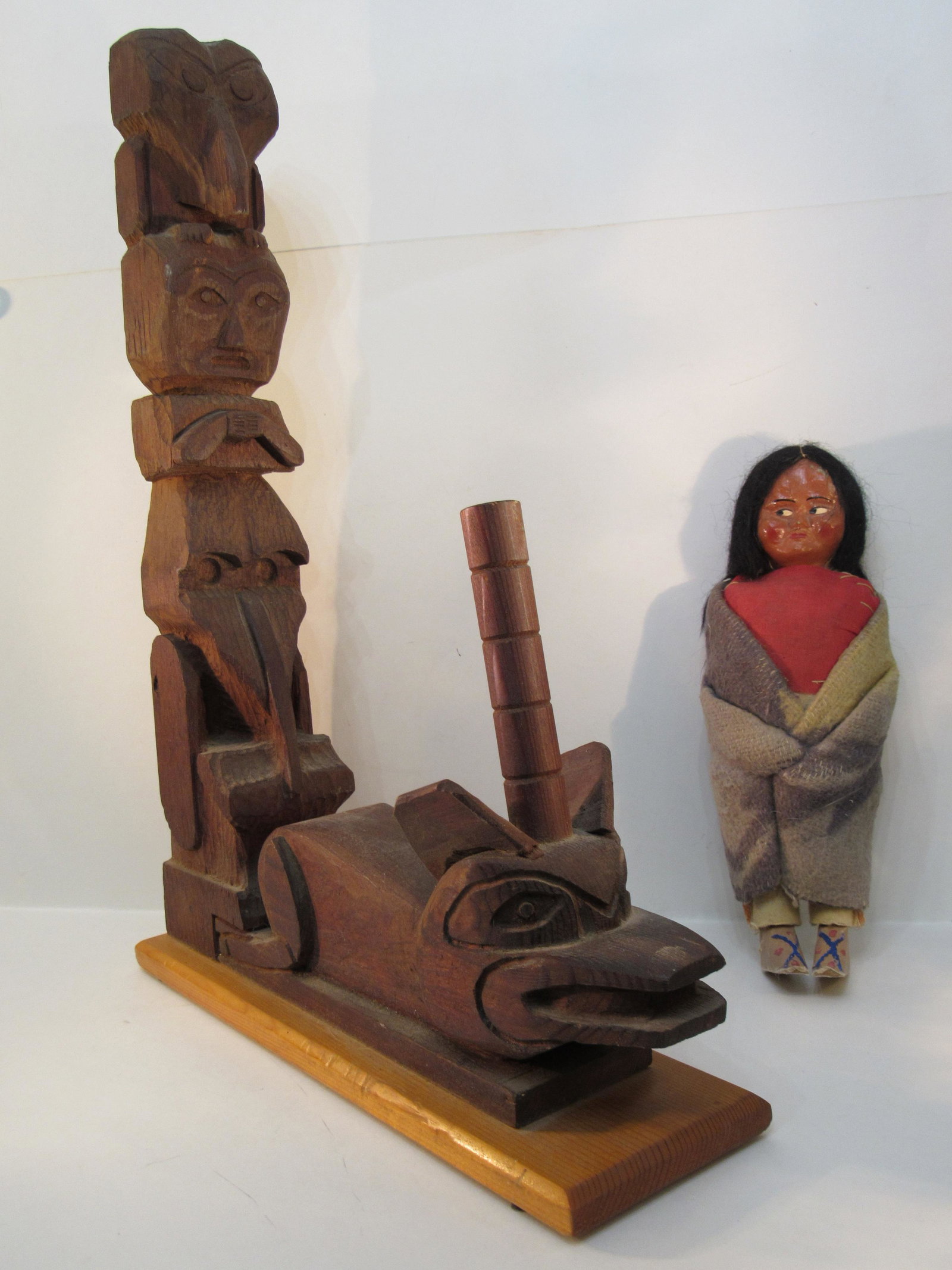 Vintage Skookum doll & American Indian Totem: 9-1/2" tall Skookum doll with original paper label and carved NW(?) American Totum 17-1/2" tall