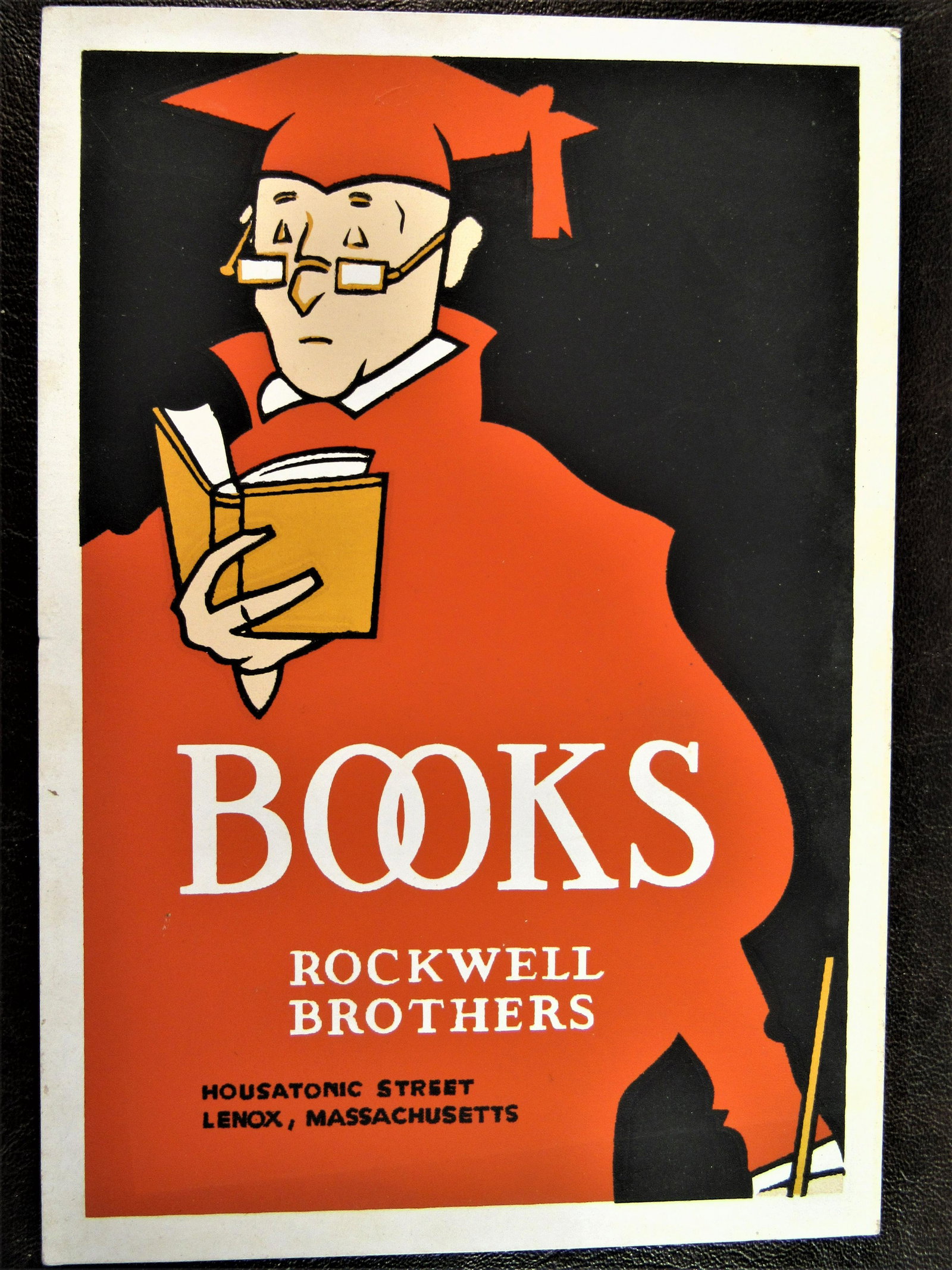 Scarce Norman Rockwell Silk Screen AD: According to Norman's son, Thomas, this is the only silk screen advertising piece ever done by Norman Rockwell. 5" x 7" card advertises Rockwell Brothers Book store in Lennox, Massachusettes in the 19