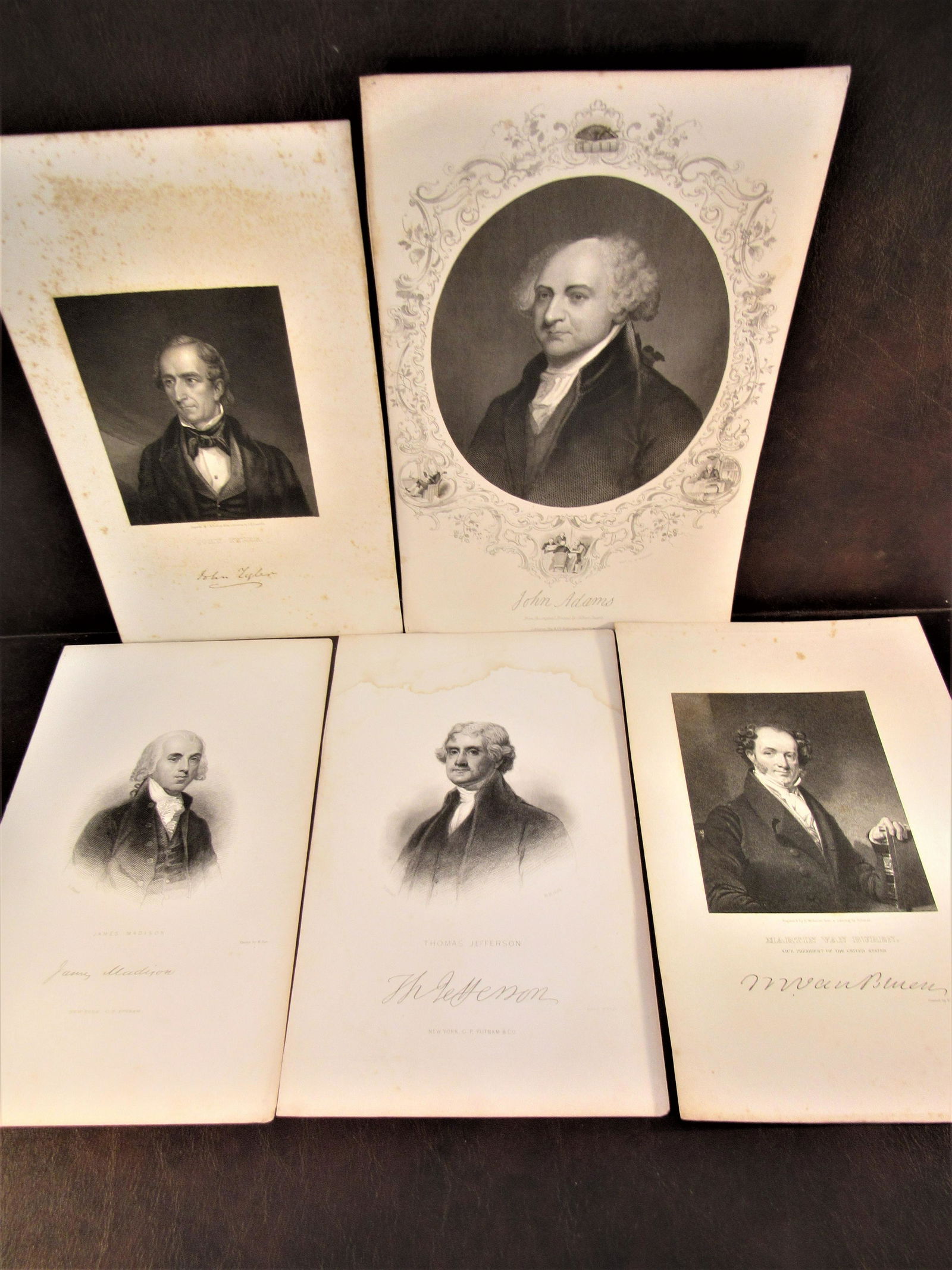 5 19th c Presidential engravings: 5-19th C engravings, all approximately 6" x 9". James Madison by W. Pate, Thomas Jefferson by H. B. Hall, Martin Van Buren by E. Wellmore, John Adams by W. Wellstood, and John Tyler by J. B. Forrest.