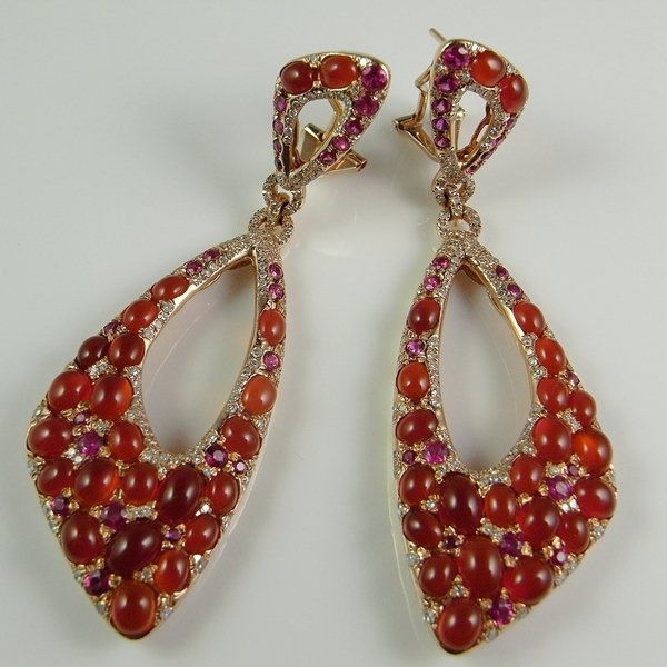BIG RUBY CARNELIAN DIAMOND STATEMENT EARRINGS 14K GOLD (1 of 12)