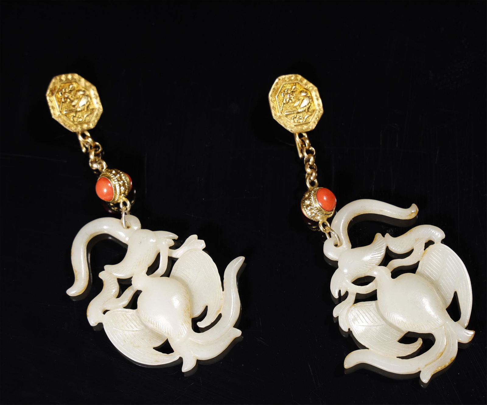 Pair Of Gilt Silver With Coral And Hetian Jade Earrings (1 of 4)