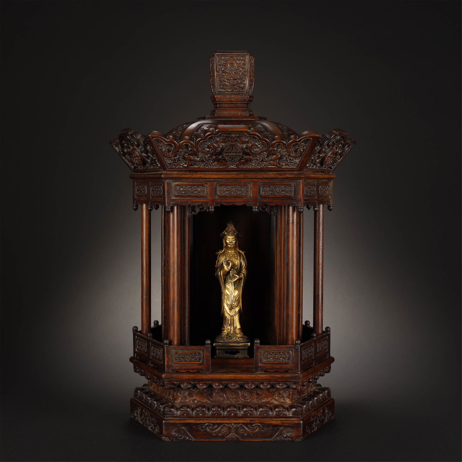 Qing, Gilt Kuan Yin with Hardwood Buddha  Niche (1 of 12)