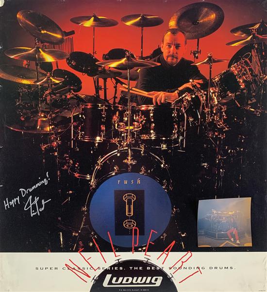 Rush: Neil Peart ULTRA-RARE Signed 32" x 32": One of the most elusive signers in modern rock prior to his passing in January of 2020 , offered here is a 32" x 32" promotional poster for Ludwig drums signed by Neil Peart from Rush in silver felt t