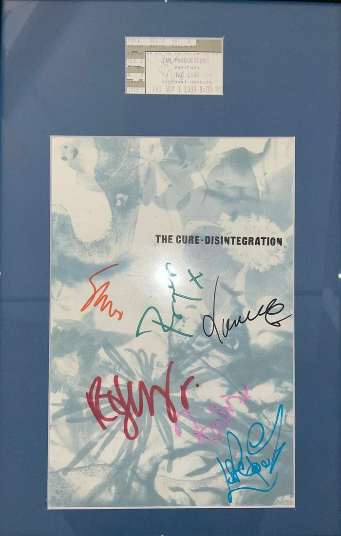 The Cure Group Signed â€œDisintegrationâ€ Tour Packet & â€œPrayer Tourâ€ Ticket Stub (6 Sigs): â€œDisintegration” Tour packet, 8” x 12,” signed in various colored inks by Robert Smith, Laurence Tolhurst (Credited for "Other Instrument"), Simon Gallup, Porl Tompson, Roger,