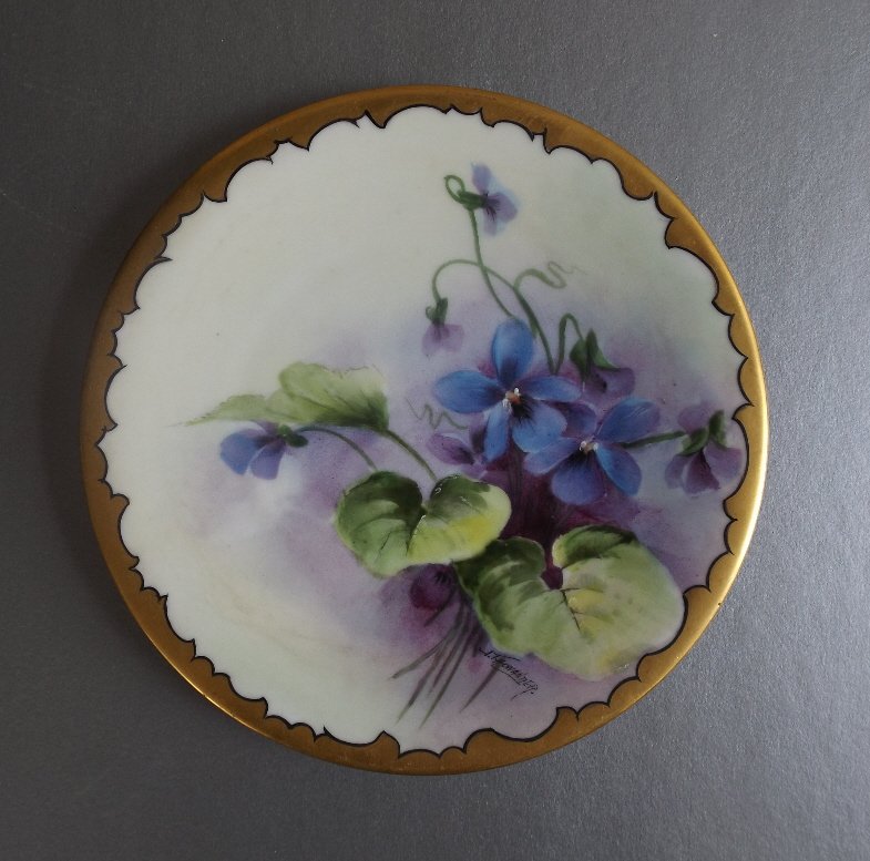 Violet Flowers, artist signed porcelain plate 1890s (1 of 7)