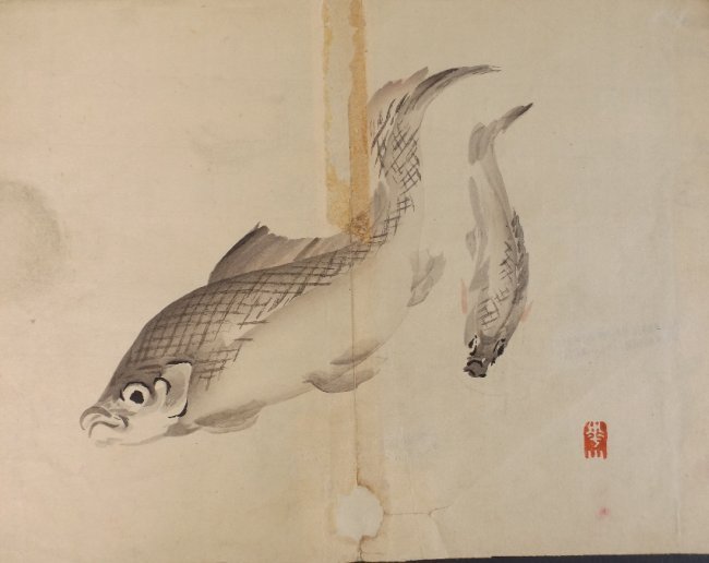 Kazan Watanabe, Fishes, Carps, woodblock 1st print 1911: Kazan Watanabe, "Fishes" or "Carps" woodblock print from Kazan Gafu printed and published by Yoshkawa Kobunkan, Kyoto in 1911, Meiji Era. This is the original authentic first 1911 woodblock print of K