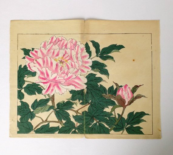Sakai Hoitsu, Peonies, 1st woodblock print 1907-08: Sakai Hoitsu,"Peonies", original woodblock print from the Shiki no hana, authentic first printing by Yomada Unsodo, Kyoto, 1907-1908, Meiji Era 40-41. Certifications of Authenticity will be included u