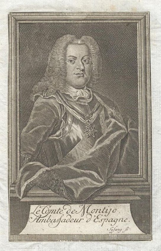 Le Comte de Montijo, Spain, 1741 Sysang: Antique Genuine Engraving by Johann Christopher Sysang c. 1741-1744. Authentic Portrait of Christopher Gregorio Funes Portocarrero de Villalpando, Le Comte de Montijo [1692-1763], engraved by Johann C
