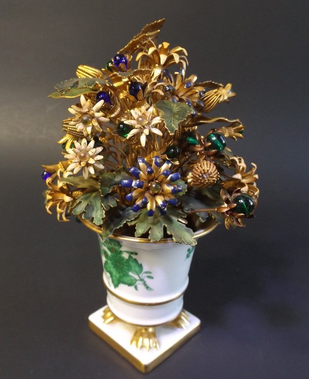 Jane Hutcheson Fleurs des Siècles in Herend vase 1970s: Jane Hutcheson Fleurs des Siècles in Herend vase 1970s"blue/green jeweled urn arrangement H 16" in a Herend/Hungary footed vase by Jane Hutchenson created for the Gorham Gift Line. Set in a miniature