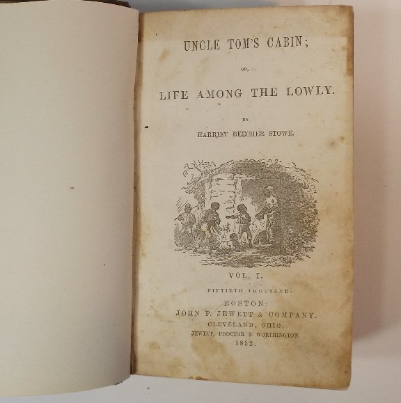 Beecher Stowe, Uncle Toms Cabin 1st Ed May 1852 2v in 1: "Uncle Tom's Cabin; or Life Among the Lowly", by Harriet Beecher Stowe, published by John P. Jewett, 1852, set by Hobart & Robbins, printed by Geo. C. Rand, First Edition with "1852" printed on bottom