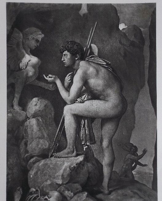 Oedipus and the Sphinx, Jean Auguste Dominique Ingres: "Oedipus and the Sphinx", engraving after the 1828' painting by Jean-Auguste-Dominique Ingres, engraved by Goupil, original photogravure plate issued in 1881; printed on heavy stock paper; signed in p