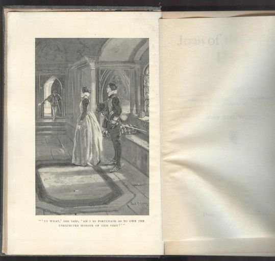 Crockett, Joan of the Sword Hand, 1st Ed. 1900 ill.: "Joan of the Sword Hand", by Samuel Rutherford Crockett, first American edition published by Dodd & Mead, New York, 1900. From the "Chapter I. -- THE HALL OF THE GUARD. Loud rang the laughter in the h